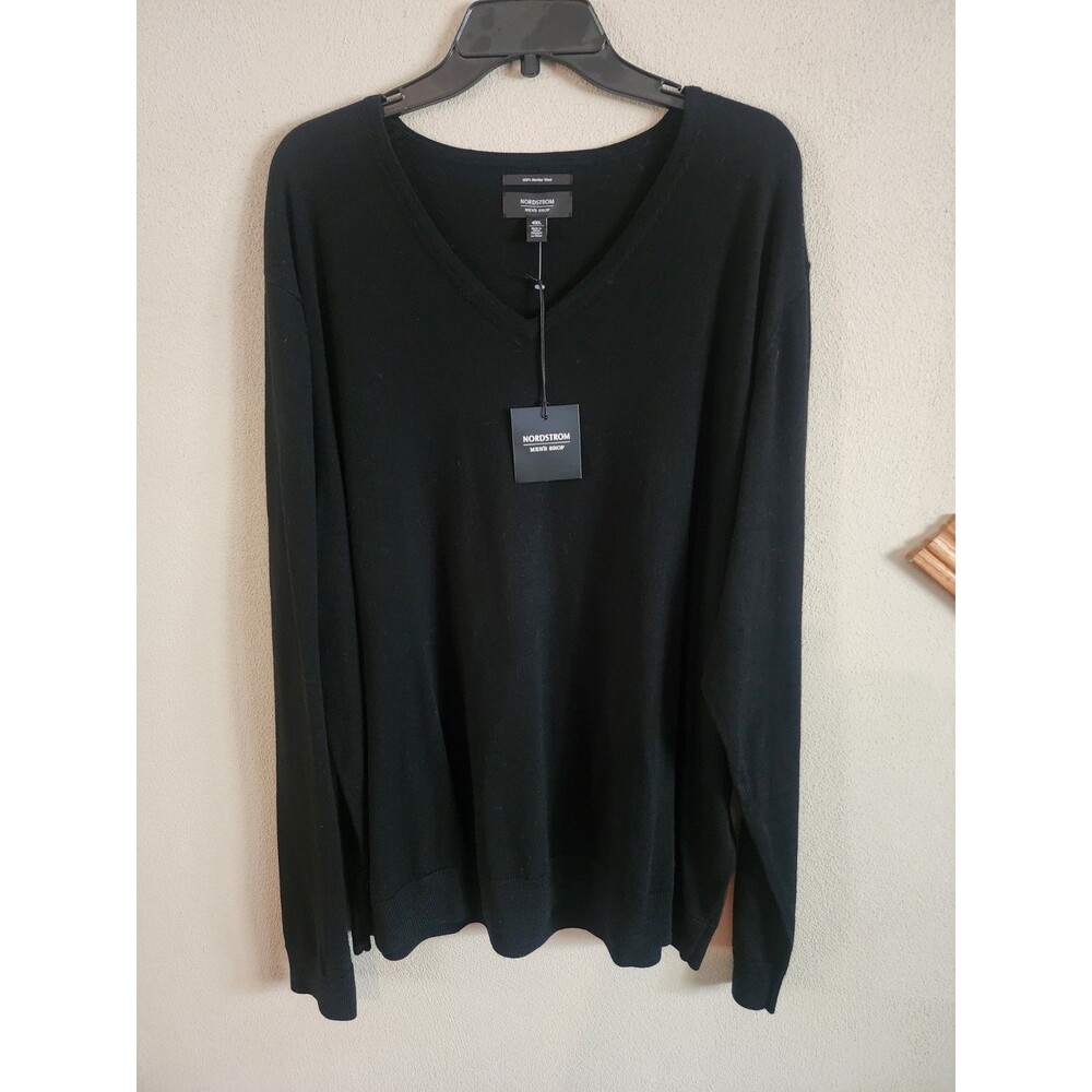 Nordstrom Men’s Shop V Neck 100% Merino Wool Knit Sweater Black Size 4XL NWT